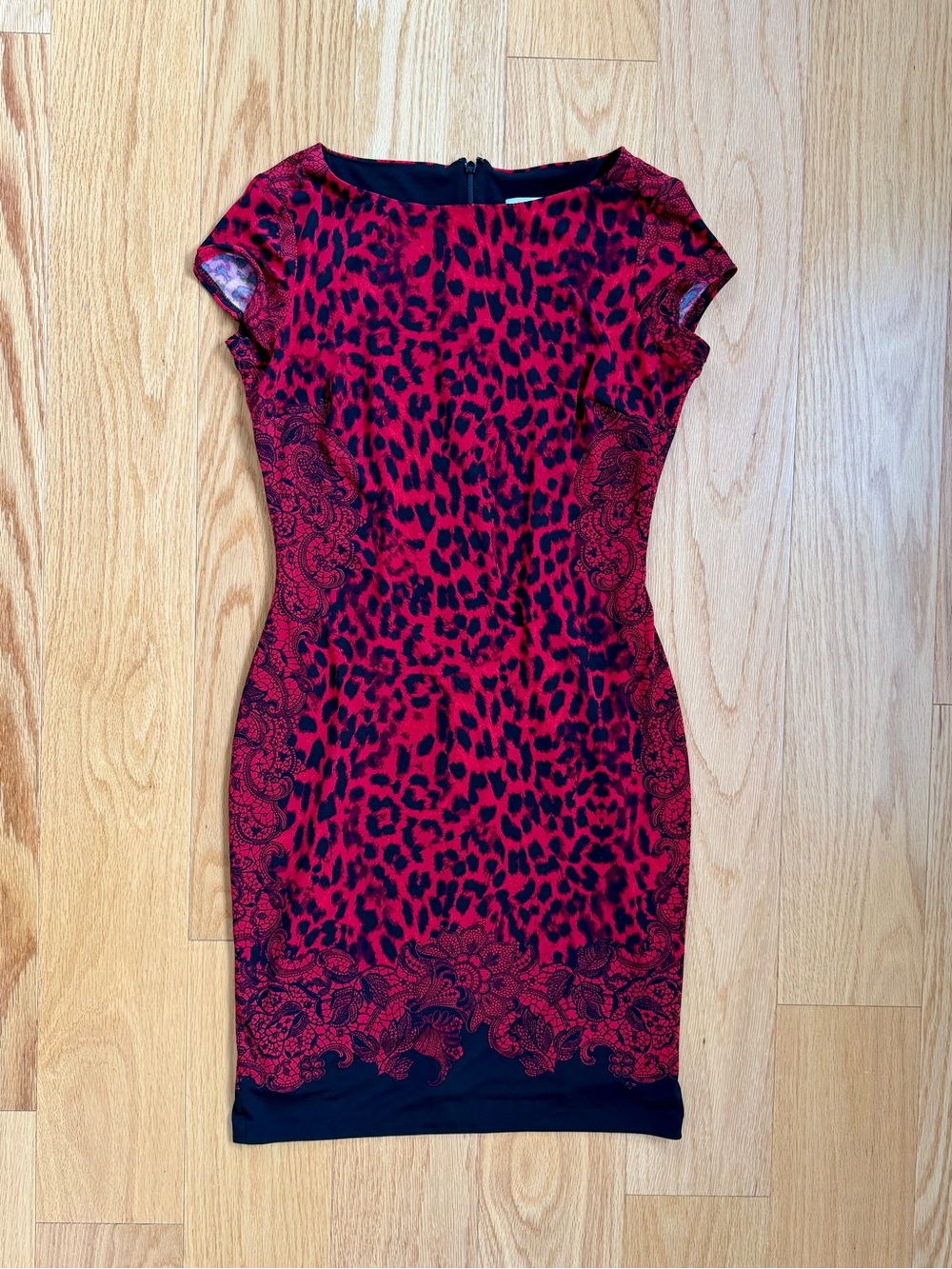 CACHE Petite Red Leopard Black Lace Bodycon Sheath Cocktail Dress S